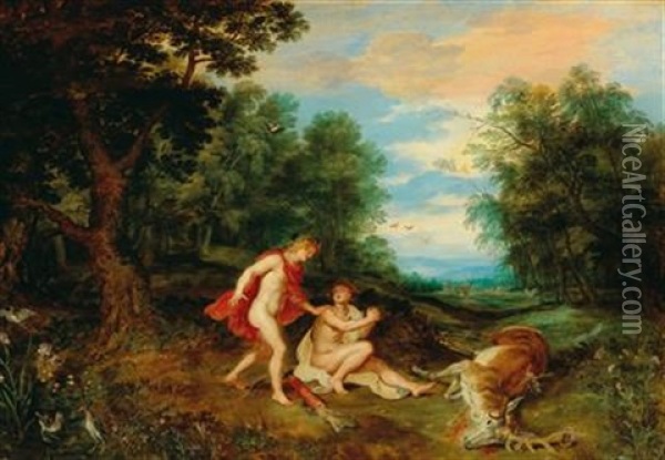 Apollo Comforting Cyparissus (collaboration With Studio Of Peter Paul Rubens) Oil Painting - Jan Brueghel the Younger