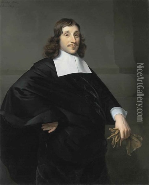 Portrait Of A Gentleman (dirk Van Collen, Lord Of Bredelar?), In A Black Coat With A White Collar And Cuffs, A Pair Of Gloves In His Left Hand Oil Painting - Isaac Luttichuys