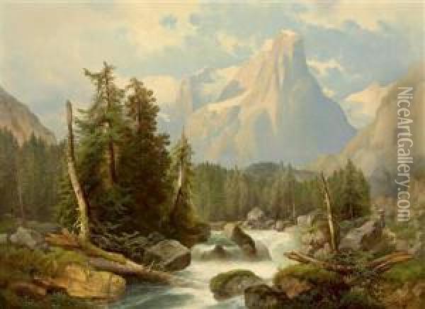 Mountain Torrent Oil Painting - Josef Thoma