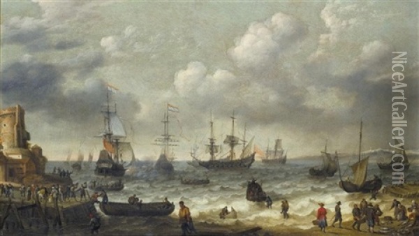 A Coastal Scene With Numerous Figures On The Shore, A Dutch Man-o'war Firing Its Cannon Beyond Oil Painting - Abraham Willaerts