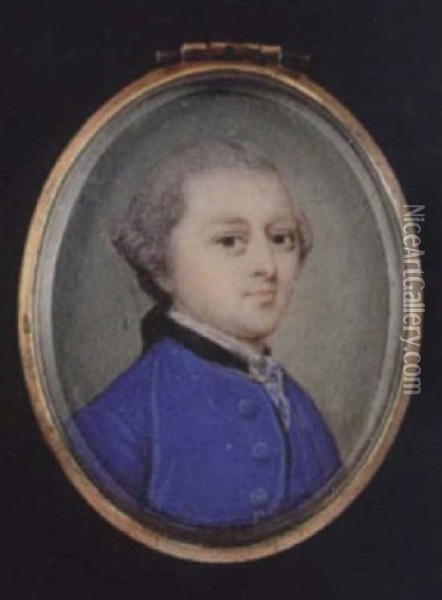 The Earl Of Coventry  With Powdered Hair En Queue, Wears Bright Blue Coat, Matching Waistcoat, Black Stock And White Lace Cravat Oil Painting - Penelope Carwardine