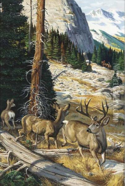 Mule Deer In The Rockies Oil Painting - Ernst Fried. Ferd. Robert