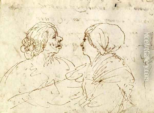 Study Of Two Women Conversing, Half-Length Oil Painting - Giovanni Francesco Barbieri