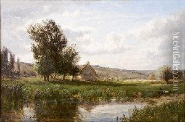 A Farm Cottage By A Pond With Figure And Animals Oil Painting - Emile Charles Lambinet