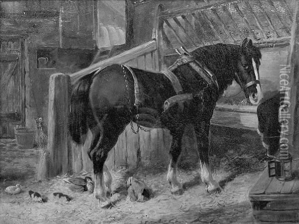 Horse And Ducks In A Barn, On Panel,indistinctly Signed Lower Right Oil Painting - John Frederick Herring Snr