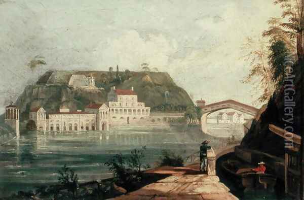 Fairmount Waterworks, after an engraving by W. H. Bartlett of c.1835 Oil Painting - Isaac Williams