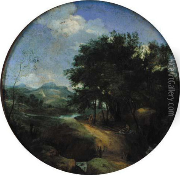 Classical Figures In A Pastoral Landscape With Some Buildings Beyond Oil Painting - Claude Lorrain (Gellee)