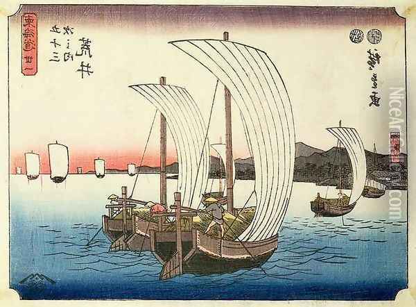 Sailing boats at Arai from the series 53 Stations of the Tokaido Oil Painting - Utagawa or Ando Hiroshige