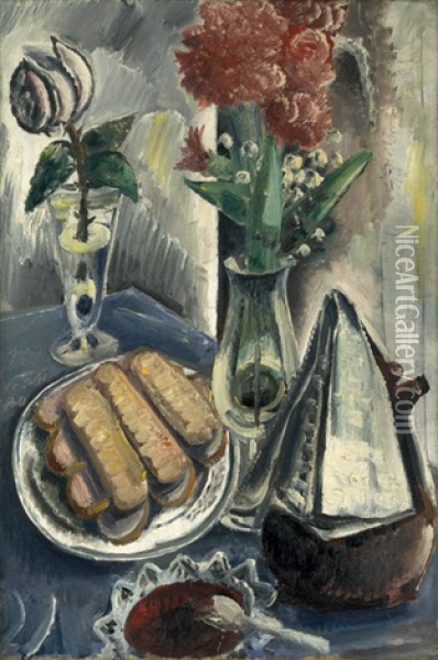Stilleben Mit Kaffeekanne, Blumen Und Geback Oil Painting - Paul Kleinschmidt