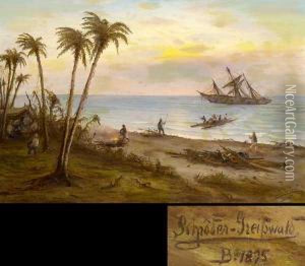 Dreimaster Und Matrosen Am Karibisches Strand Oil Painting - Max Schroder-Greifswald