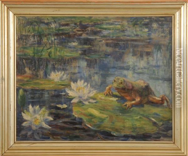 Study Of A Frog On A Lily Pad. Signed Lower Left Alfred Juergens