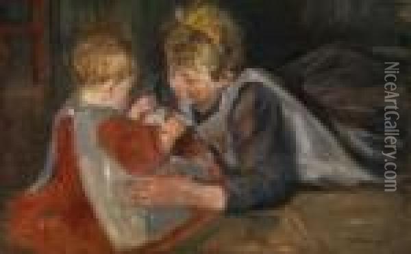 Spielende Kinder - Interieurmit Zwei Kleinen Madchen Oil Painting - Max Liebermann