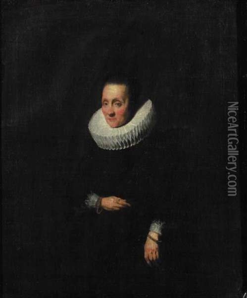 Portrait Of A Lady, Aged 58, 
Small Three Quarter Length, Wearing A Black Dress With Molenkraag And 
Cuffs, Golden Bracelets Oil Painting - Sir Anthony Van Dyck