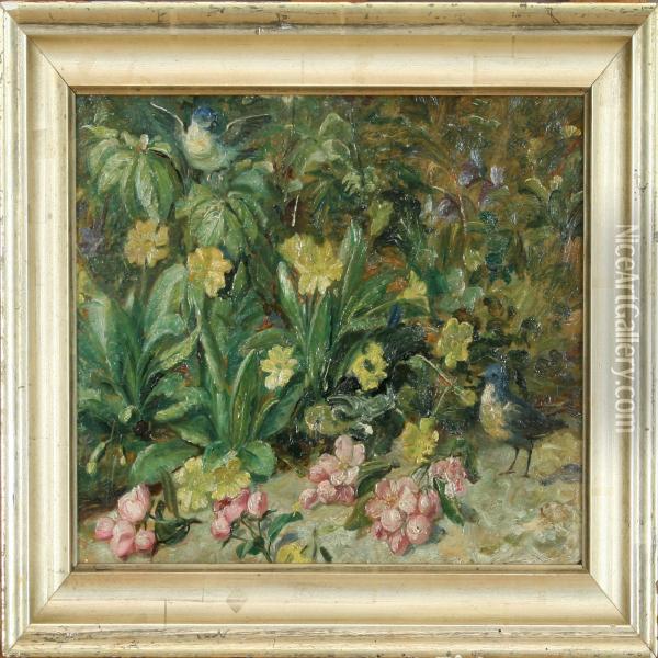 Small Birds By A Bed Of Flowers Oil Painting - Otto Schondel
