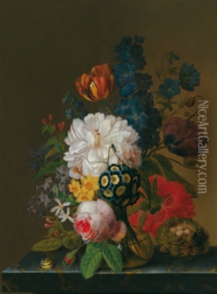 Blumenstillleben Mit Einer Glasvase Auf Einer Marmorplatte, Einem Wachteleinest Und Einer Schnecke Oil Painting - Pieter Faes
