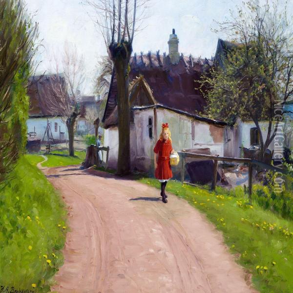 An Early Spring Day In The Village With A Little Girl In A Red Dress With Her Packed Lunch Oil Painting - H. A. Brendekilde