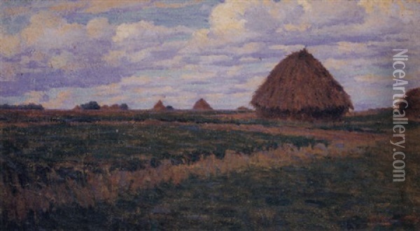 Haystacks In A Green Field Oil Painting - Elmer Boyd Smith