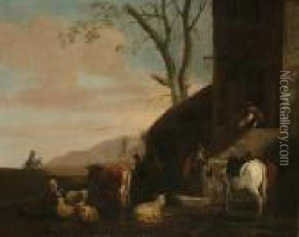 Cattle And Travellers Outside A Village Inn Oil Painting - Jan Miel