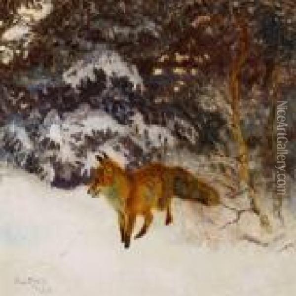 A Fox In The Woods On A Winter Day Oil Painting - Bruno Andreas Liljefors