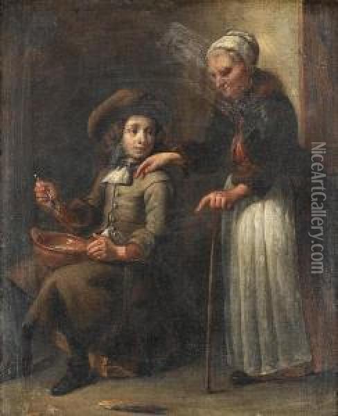 A Peasant Interior With An Old Woman And Young Boy Eating Oil Painting - Abraham Willemsens