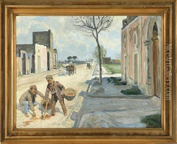 Boys Collecting Manure On The Street Of Pompei Oil Painting - Peter Marius Hansen