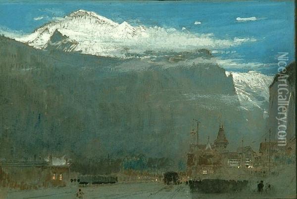 A View Of The Alps From A Valley Town Oil Painting - Albert Goodwin