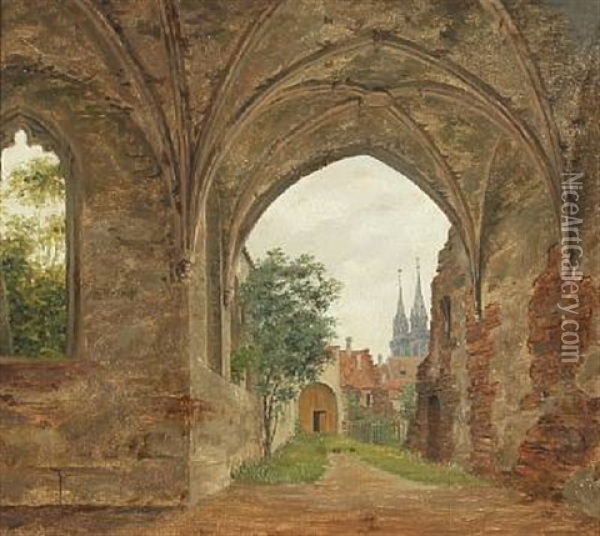 Church Ruin From Nurnberg With A View Of St. Lorenz Cathedral Oil Painting - Heinrich Hansen