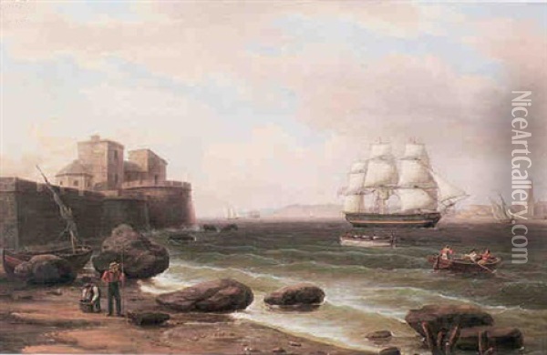 An American Merchantman Entering Harbour Oil Painting - Thomas Birch