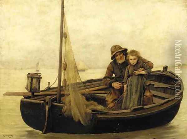 Mending the net Oil Painting - George Haquette