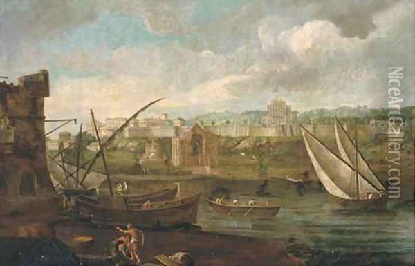 A capriccio of a riverside landscape with shipping and figures on the shore, a fortified palace beyond Oil Painting - Caspar Andriaans Van Wittel