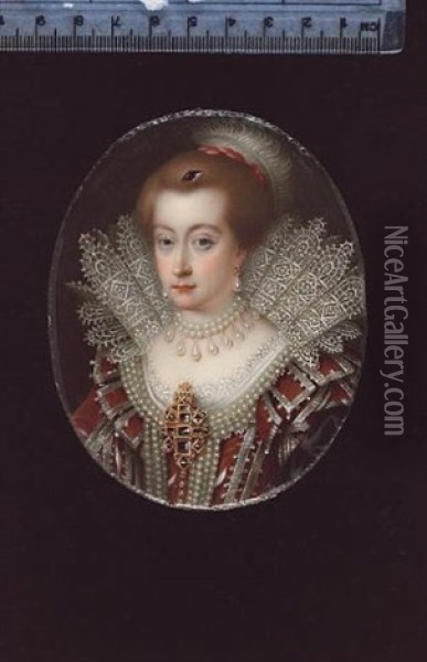 Anne Of Denmark, Queen Consort, Wearing Red-brown Dress Trimmed With White Silk And Pearls, Large Jewelled Brooch At Her Corsage, Pearl Necklace, Pendant Pearl Earrings, Standing White Lace Collar Oil Painting - Henry-Pierce Bone