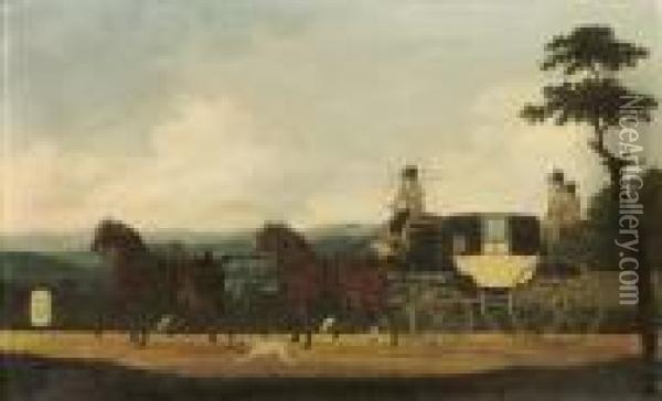 A Stagecoach In An Extensive Landscape Oil Painting - John Cordrey