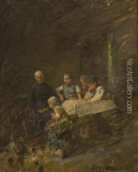 Grosmutter Mit Ihren Enkeln Beim Futtern Der Huhner. Oil Painting - Karl Mayr-Graetz
