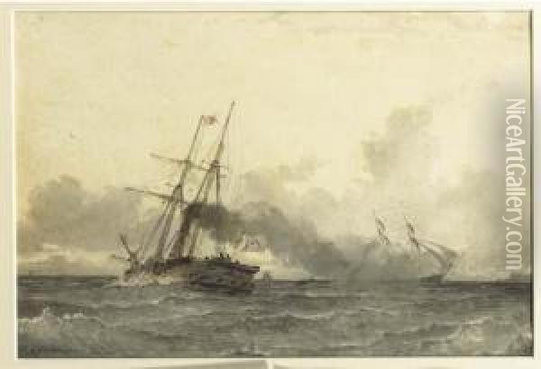 A Steamship In Open Water Oil Painting - W.A. van Deventer