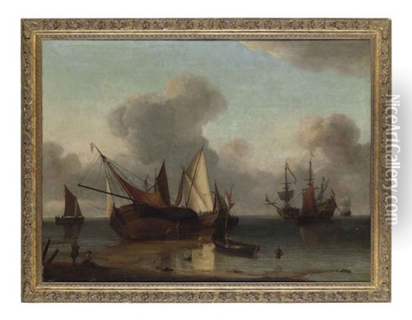 Shipping Becalmed Off A Coast Oil Painting - Hendrik Jacobsz Dubbels