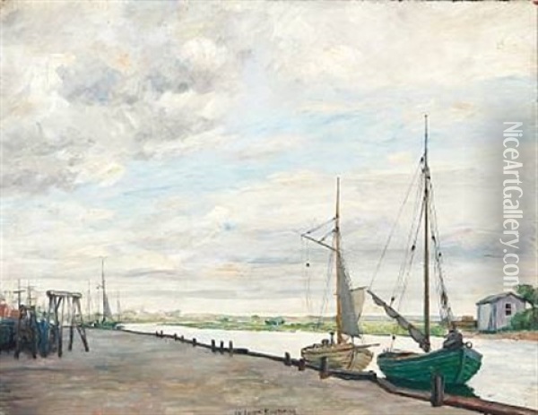 Ships At The Bulwark In Ribe Oil Painting - Johan Rohde
