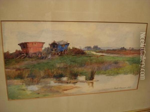 Caravans Beside A Pond Oil Painting - Edith Isabel Barrow