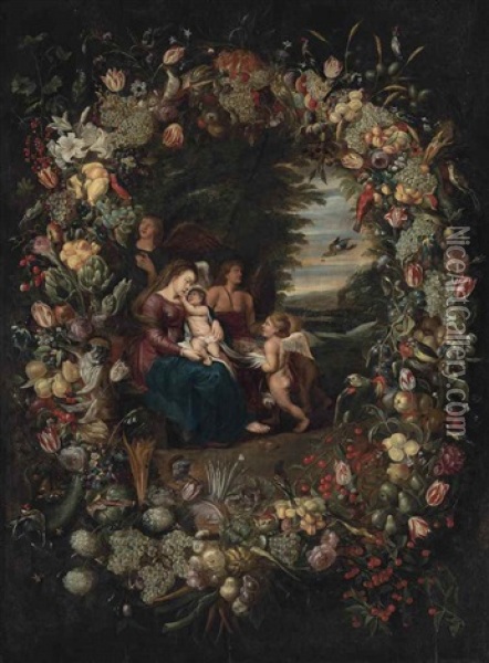 The Virgin And Child Attended By Angels, Surrounded By A Garland Of Flowers Oil Painting - Philippe de Marlier