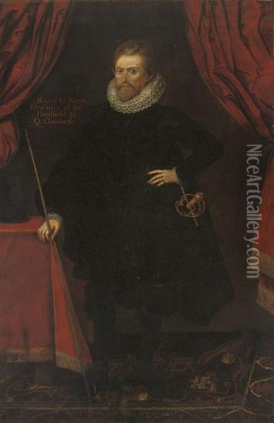 Portrait Of Roger, 2nd Lord 
North (d.1600), Full-length, In A Blackcoat And Breeches, A Baton In His
 Right Hand, By A Drapedtable Oil Painting - Daniel Mytens