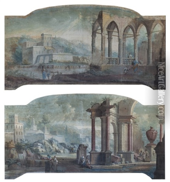 Paesaggi Con Architetture, Rovine E Personaggi (coppia) Oil Painting - Pietro Paltronieri