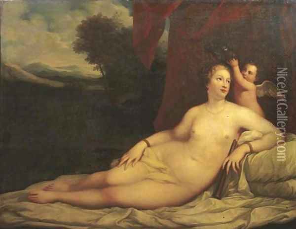 Venus crowned by Cupid, a landscape beyond Oil Painting - Tiziano Vecellio (Titian)