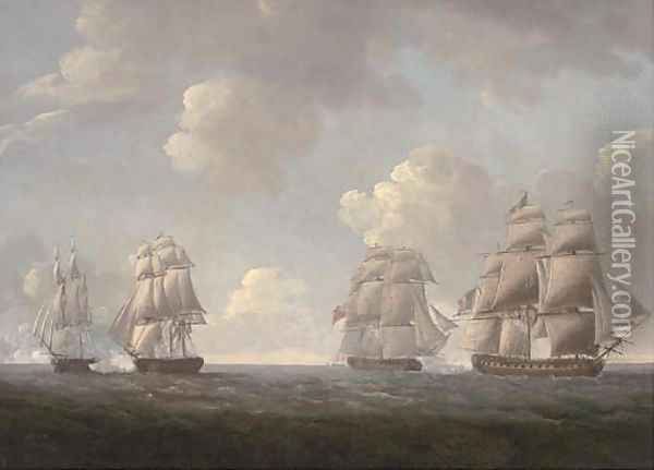 His Majesty's Ships Santa Margarita and Unicorn engaging two French frigates west of the Scilly Isles, 8th June, 1796 Oil Painting - Thomas Whitcombe