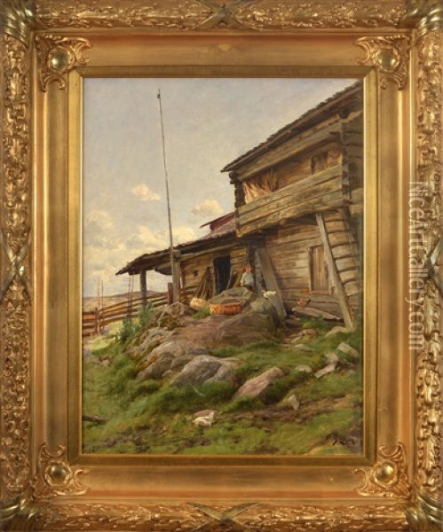 In Front Of The Henhouse Oil Painting - Berndt Adolf Lindholm