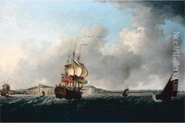 A Flagship Running Through The Straits Past Dover Oil Painting - Francis Swaine