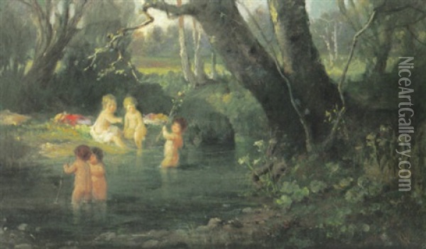 Waldbach Mit Spielenden Kindern Oil Painting - Adolf Hengeler