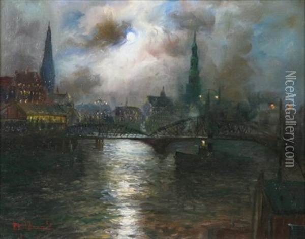 Bridge And Harbor In Moonlight Oil Painting - Alfred Serenius Jensen