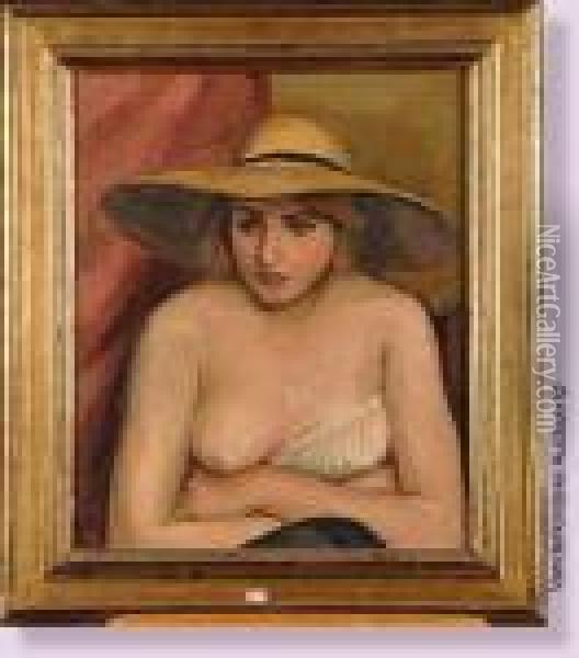 Femme Assise Au Chapeau Jaune Oil Painting - Jean Hippolyte Marchand
