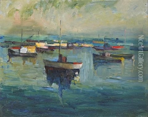Untitled (boats In Bay) Oil Painting - August Gay