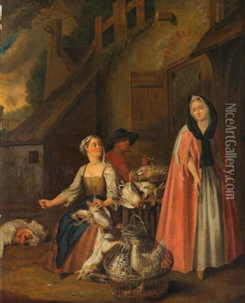 Geflugelverkauferin; Fischverk Auferin (pair) Oil Painting - Pieter Angillis