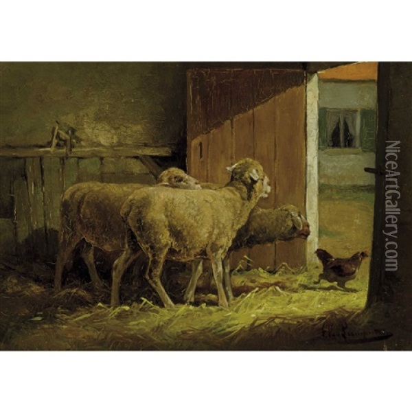 Schafe Und Huhn Im Stall Oil Painting - Cornelis van Leemputten
